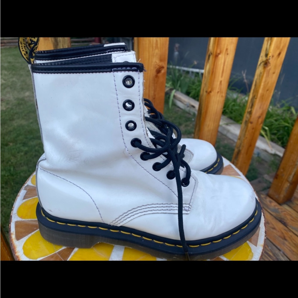 Dr. Martens White Leather Boots with Black Accents